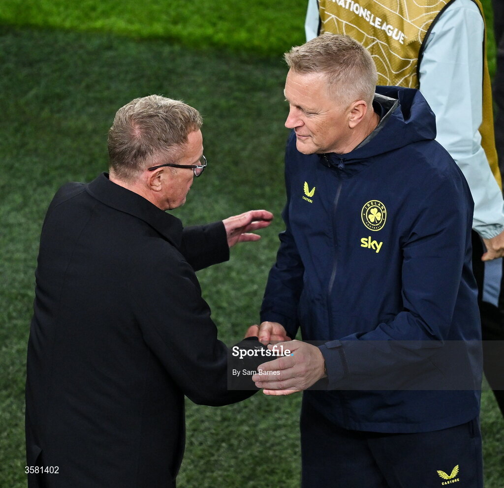 1 October 2026; Republic of Ireland head coach Heimir Hallgrimsson and Austria head coach Ralf Rangnick shake hands after the UEFA Nations League B match between the Republic of Ireland and Austria at the Aviva Stadium in Dublin. Photo by Sam Barnes/Sportsfile
