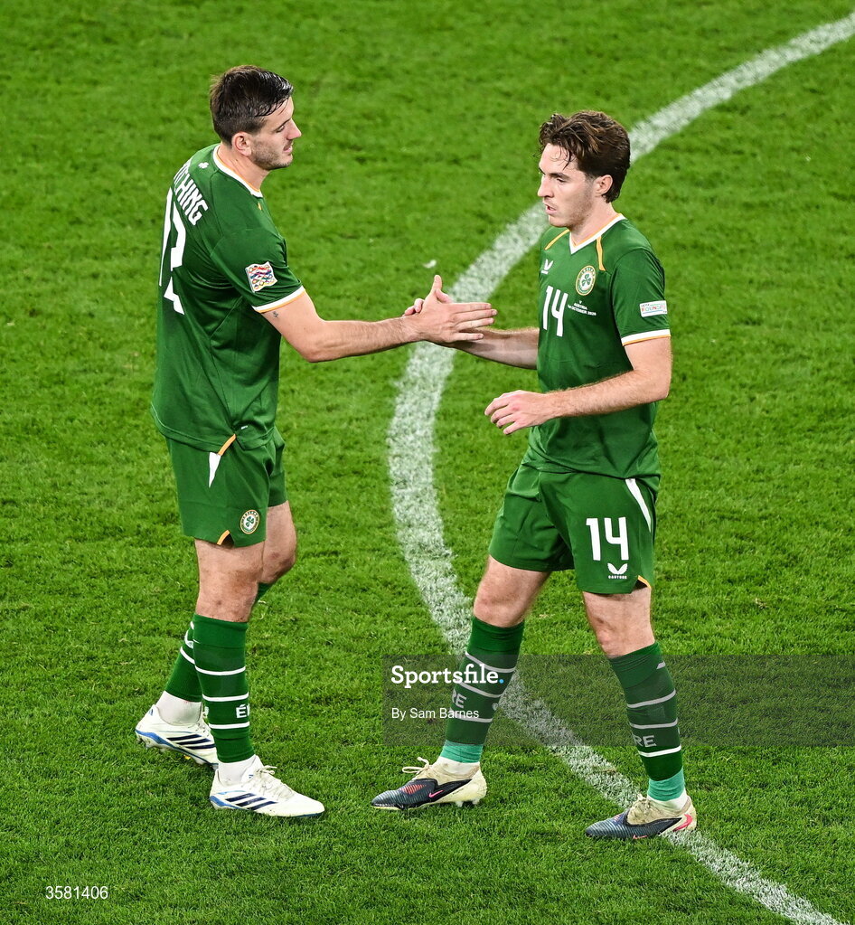 1 October 2026; Liam Kitching, left, and Conor Coventry of Republic of Ireland after the UEFA Nations League B match between the Republic of Ireland and Austria at the Aviva Stadium in Dublin. Photo by Sam Barnes/Sportsfile