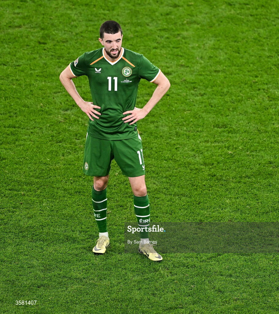 1 October 2026; Finn Azaz of Republic of Ireland reacts after the UEFA Nations League B match between the Republic of Ireland and Austria at the Aviva Stadium in Dublin. Photo by Sam Barnes/Sportsfile