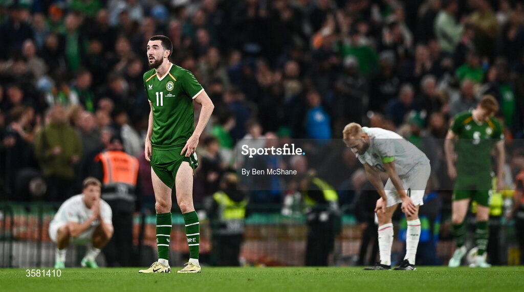 1 October 2026; Finn Azaz of Republic of Ireland reacts at the final whistle of the UEFA Nations League B match between the Republic of Ireland and Austria at the Aviva Stadium in Dublin. Photo by Ben McShane/Sportsfile