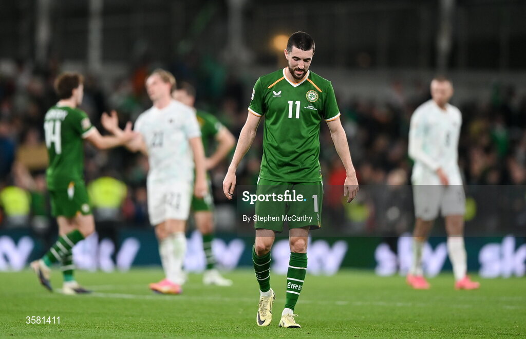 1 October 2026; Finn Azaz of Republic of Ireland reacts at the final whistle of the UEFA Nations League B match between the Republic of Ireland and Austria at the Aviva Stadium in Dublin. Photo by Stephen McCarthy/Sportsfile