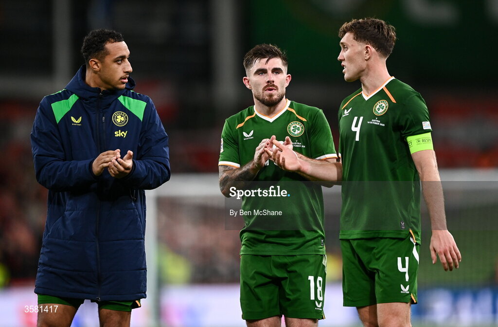 1 October 2026; Republic of Ireland players, from left, Adam Idah, Ryan Manning and Dara O'Shea after the UEFA Nations League B match between the Republic of Ireland and Austria at the Aviva Stadium in Dublin. Photo by Ben McShane/Sportsfile