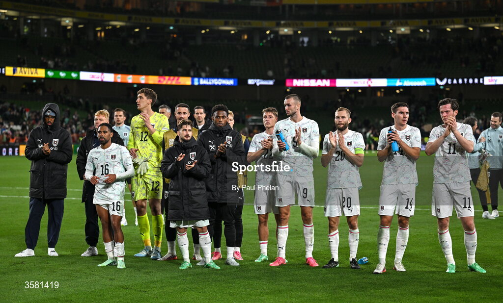 1 October 2026; Austria players acknowledge their supporters after the UEFA Nations League B match between the Republic of Ireland and Austria at the Aviva Stadium in Dublin. Photo by Paul Phelan/Sportsfile
