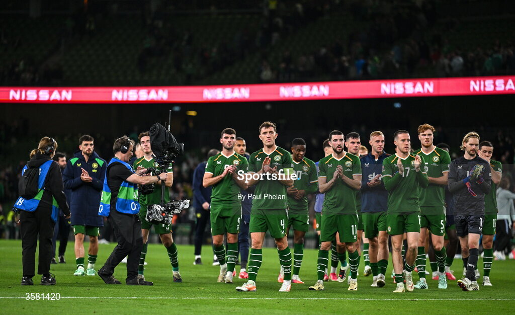 1 October 2026; Republic of Ireland players acknowledge their supporters after the UEFA Nations League B match between the Republic of Ireland and Austria at the Aviva Stadium in Dublin. Photo by Paul Phelan/Sportsfile