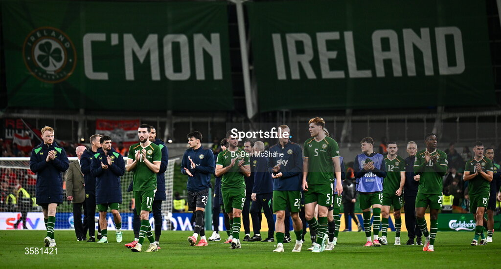 1 October 2026; Republic of Ireland players after the UEFA Nations League B match between the Republic of Ireland and Austria at the Aviva Stadium in Dublin. Photo by Ben McShane/Sportsfile