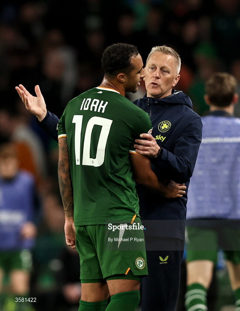 1 October 2026; Republic of Ireland head coach Heimir Hallgrimsson with Adam Idah during the UEFA Nations League B match between the Republic of Ireland and Austria at the Aviva Stadium in Dublin. Photo by Michael P Ryan/Sportsfile