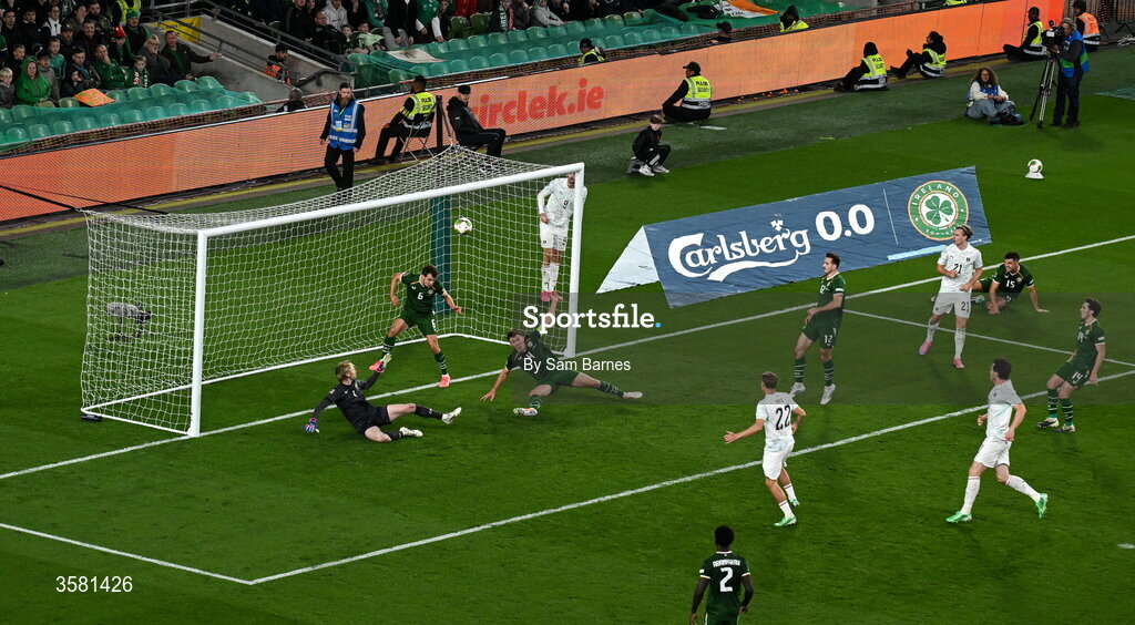 1 October 2026; Alexander Prass of Austria, 22, shoots to score his side's first goal despite the efforts of Republic of Ireland players, from left, goalkeeper Caoimhín Kelleher, Jayson Molumby and Dara O'Shea during the UEFA Nations League B match between the Republic of Ireland and Austria at the Aviva Stadium in Dublin. Photo by Sam Barnes/Sportsfile