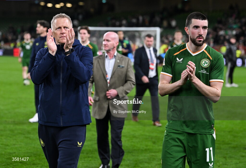 1 October 2026; Republic of Ireland head coach Heimir Hallgrimsson, left, and Finn Azaz after the UEFA Nations League B match between the Republic of Ireland and Austria at the Aviva Stadium in Dublin. Photo by Stephen McCarthy/Sportsfile
