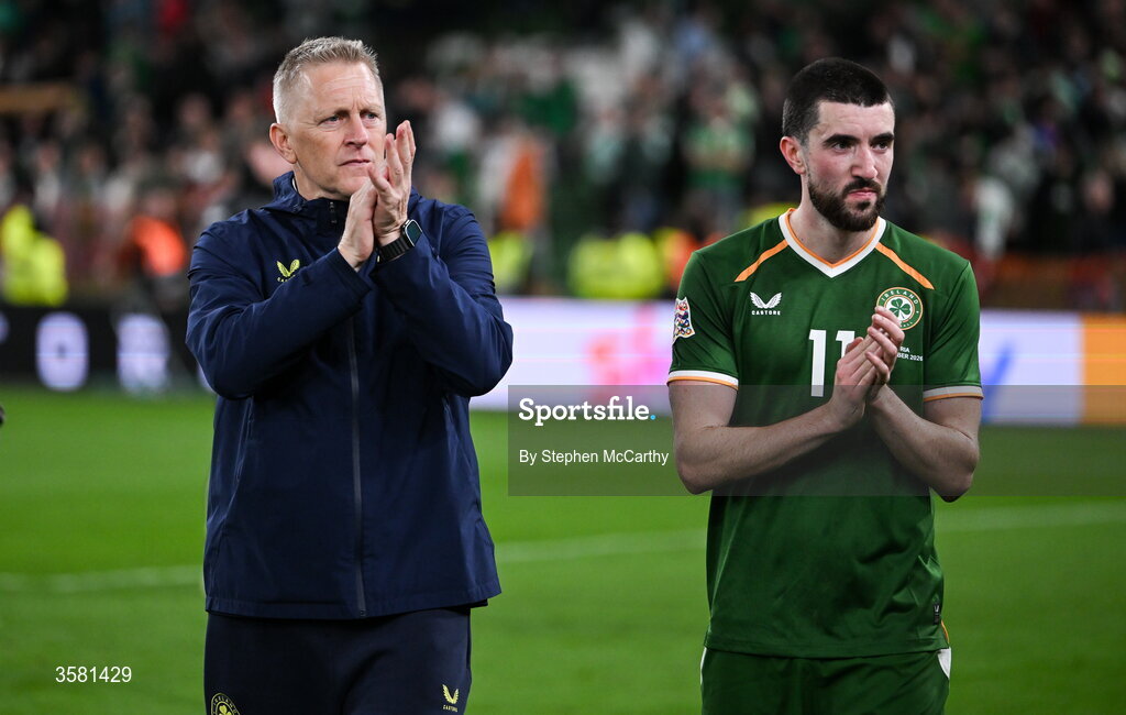 1 October 2026; Republic of Ireland head coach Heimir Hallgrimsson, left, and Finn Azaz after the UEFA Nations League B match between the Republic of Ireland and Austria at the Aviva Stadium in Dublin. Photo by Stephen McCarthy/Sportsfile
