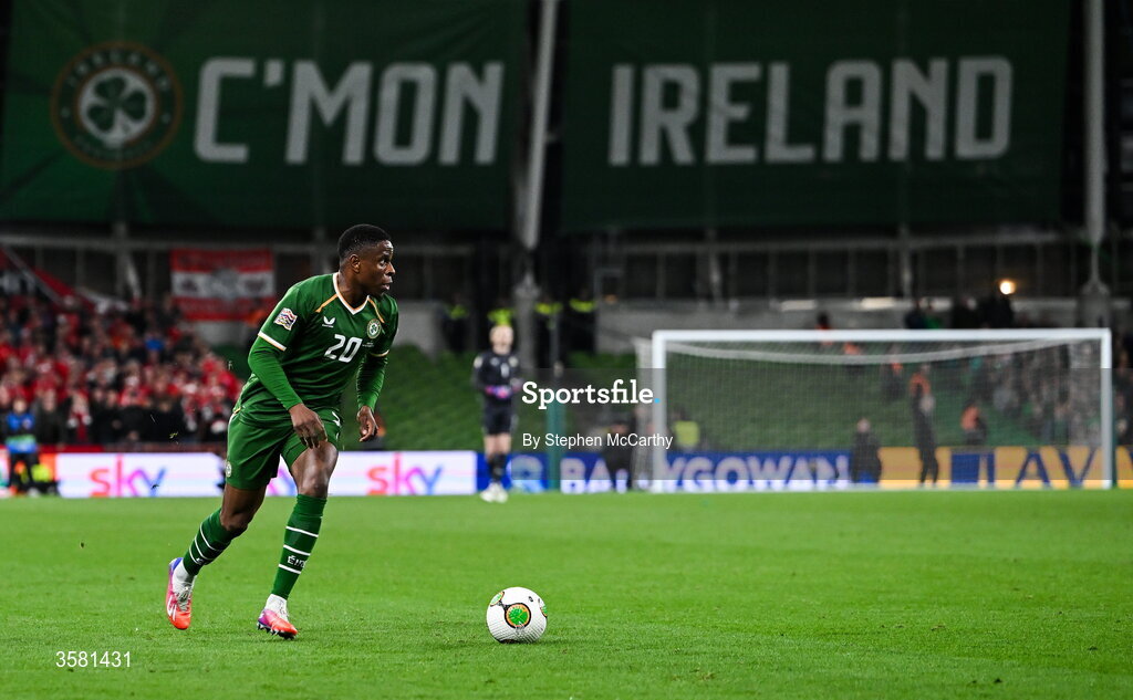 1 October 2026; Chiedozie Ogbene of Republic of Ireland during the UEFA Nations League B match between the Republic of Ireland and Austria at the Aviva Stadium in Dublin. Photo by Stephen McCarthy/Sportsfile