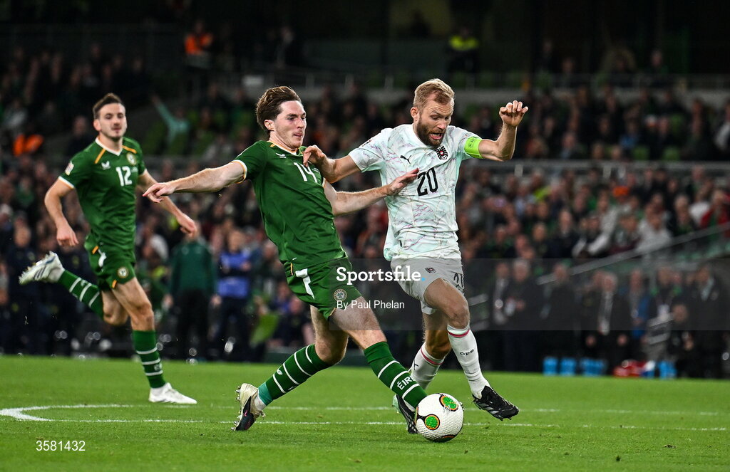 1 October 2026; Conor Coventry of Republic of Ireland in action against Konrad Laimer of Austria during the UEFA Nations League B match between the Republic of Ireland and Austria at the Aviva Stadium in Dublin. Photo by Paul Phelan/Sportsfile
