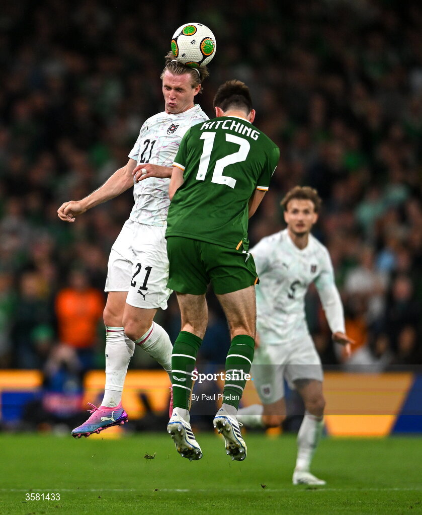 1 October 2026; Patrick Wimmer of Austria in action against Liam Kitching of Republic of Ireland  during the UEFA Nations League B match between the Republic of Ireland and Austria at the Aviva Stadium in Dublin. Photo by Paul Phelan/Sportsfile