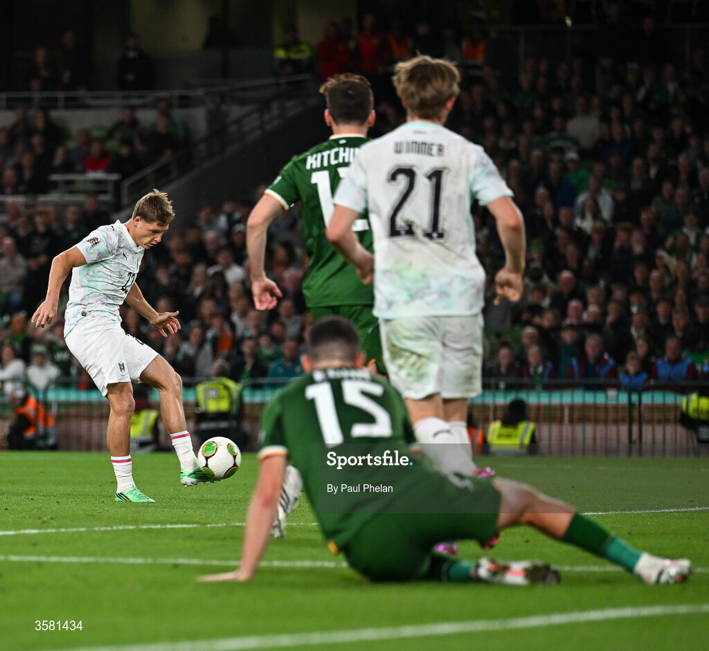 1 October 2026; Alexander Prass of Austria shoots to score his side's first goal during the UEFA Nations League B match between the Republic of Ireland and Austria at the Aviva Stadium in Dublin. Photo by Paul Phelan/Sportsfile