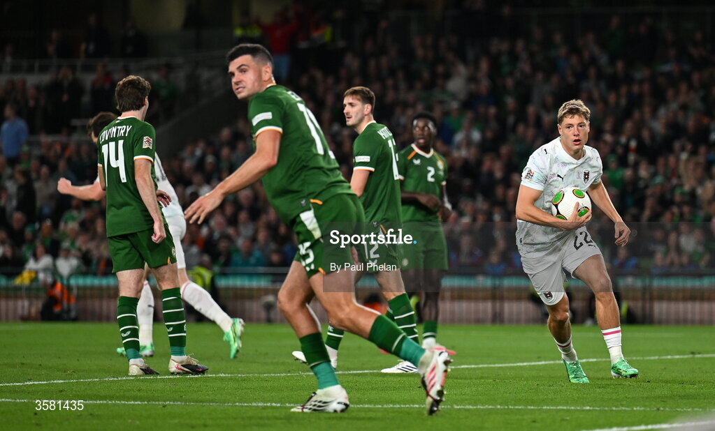 1 October 2026; Alexander Prass of Austria celebrates after scoring his side's first goal during the UEFA Nations League B match between the Republic of Ireland and Austria at the Aviva Stadium in Dublin. Photo by Paul Phelan/Sportsfile