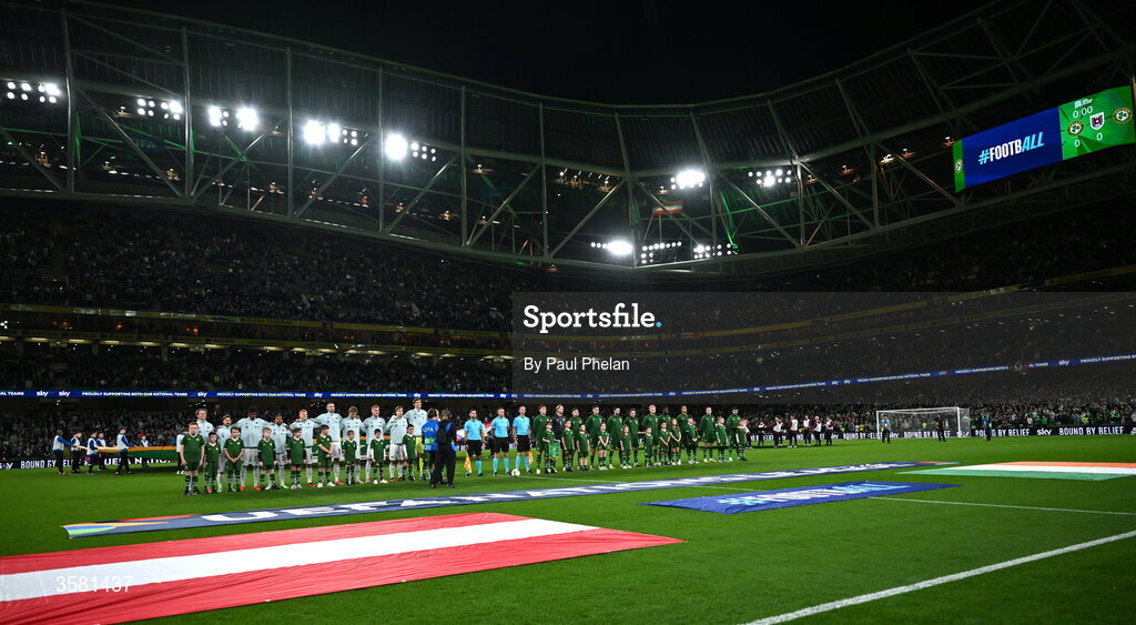 1 October 2026; Players from both sides line-up before the UEFA Nations League B match between the Republic of Ireland and Austria at the Aviva Stadium in Dublin. Photo by Paul Phelan/Sportsfile