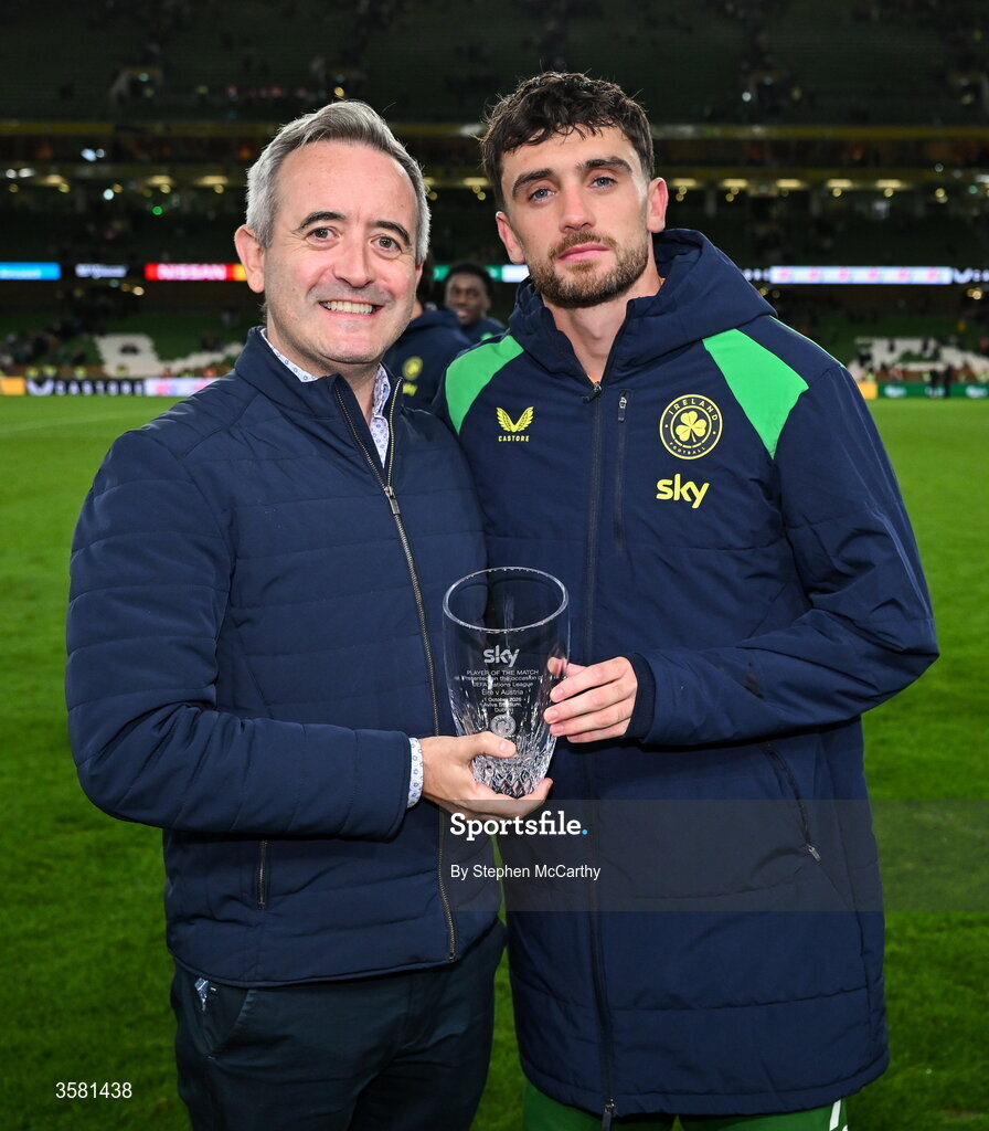 1 October 2026; Troy Parrott of Republic of Ireland is presented with the Sky Player of the Match award by Sky Ireland head of strategy Rory Martin after the UEFA Nations League B match between the Republic of Ireland and Austria at the Aviva Stadium in Dublin. Photo by Stephen McCarthy/Sportsfile