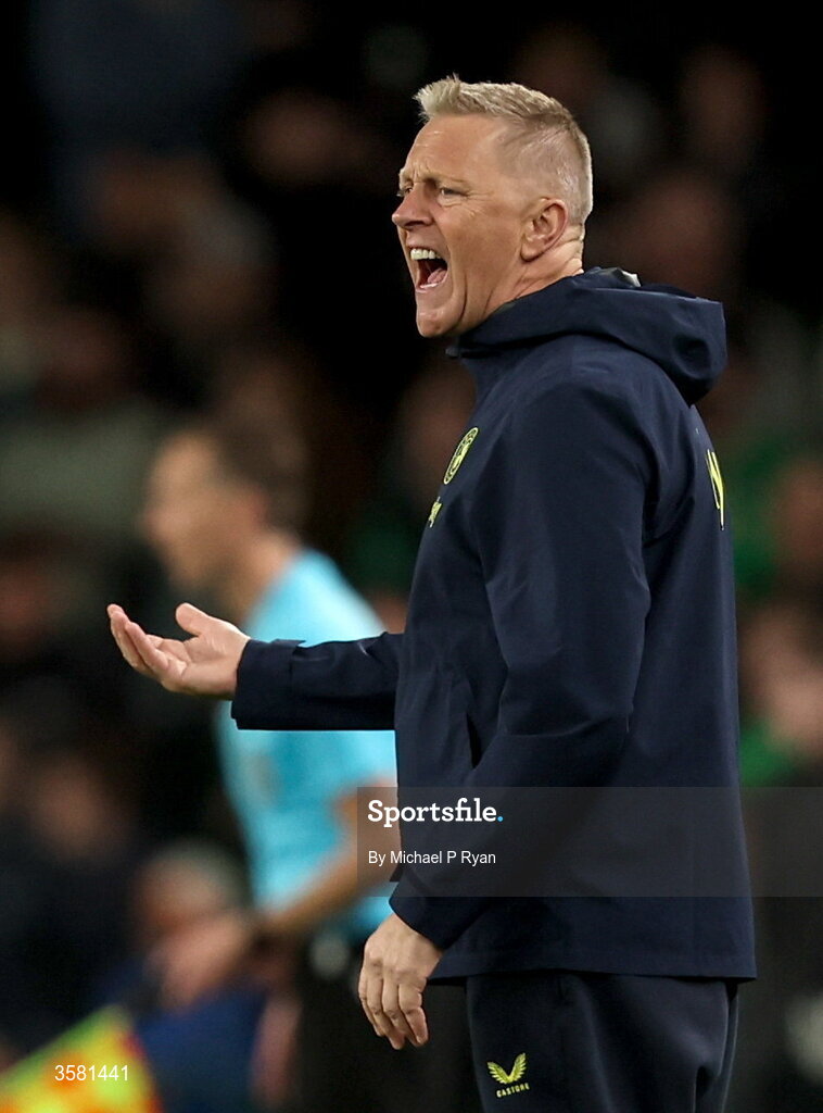 1 October 2026; Republic of Ireland head coach Heimir Hallgrimsson reacts during the UEFA Nations League B match between the Republic of Ireland and Austria at the Aviva Stadium in Dublin. Photo by Michael P Ryan/Sportsfile