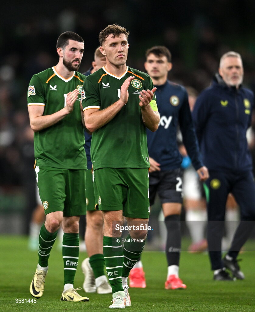 1 October 2026; Dara O'Shea, right, and Finn Azaz of Republic of Ireland after the UEFA Nations League B match between the Republic of Ireland and Austria at the Aviva Stadium in Dublin. Photo by Paul Phelan/Sportsfile