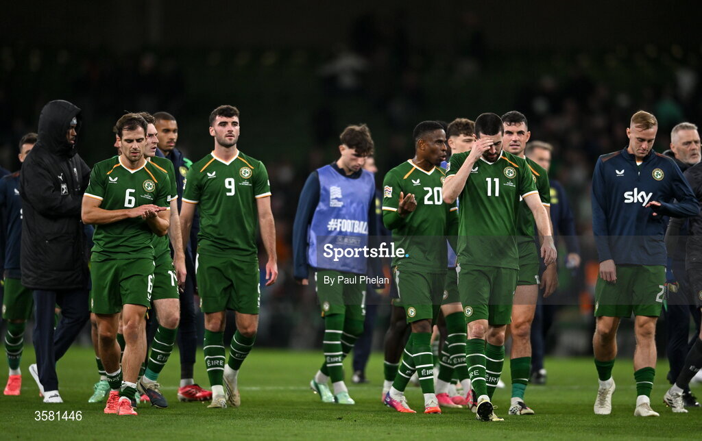 1 October 2026; Republic of Ireland players reacts after the UEFA Nations League B match between the Republic of Ireland and Austria at the Aviva Stadium in Dublin. Photo by Paul Phelan/Sportsfile