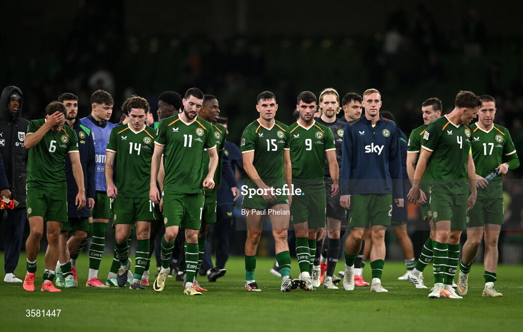 1 October 2026; Republic of Ireland players reacts after the UEFA Nations League B match between the Republic of Ireland and Austria at the Aviva Stadium in Dublin. Photo by Paul Phelan/Sportsfile