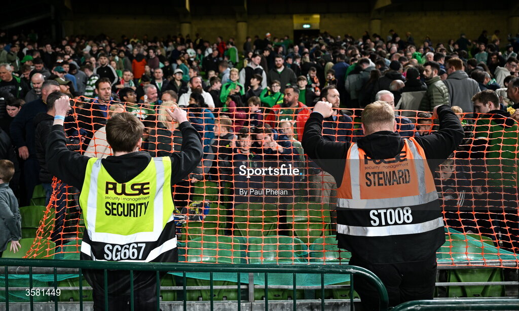 1 October 2026; Security hold netting up after the UEFA Nations League B match between the Republic of Ireland and Austria at the Aviva Stadium in Dublin. Photo by Paul Phelan/Sportsfile