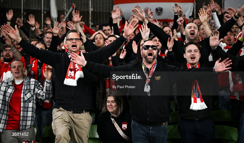1 October 2026; Austria supporters after the UEFA Nations League B match between the Republic of Ireland and Austria at the Aviva Stadium in Dublin. Photo by Paul Phelan/Sportsfile