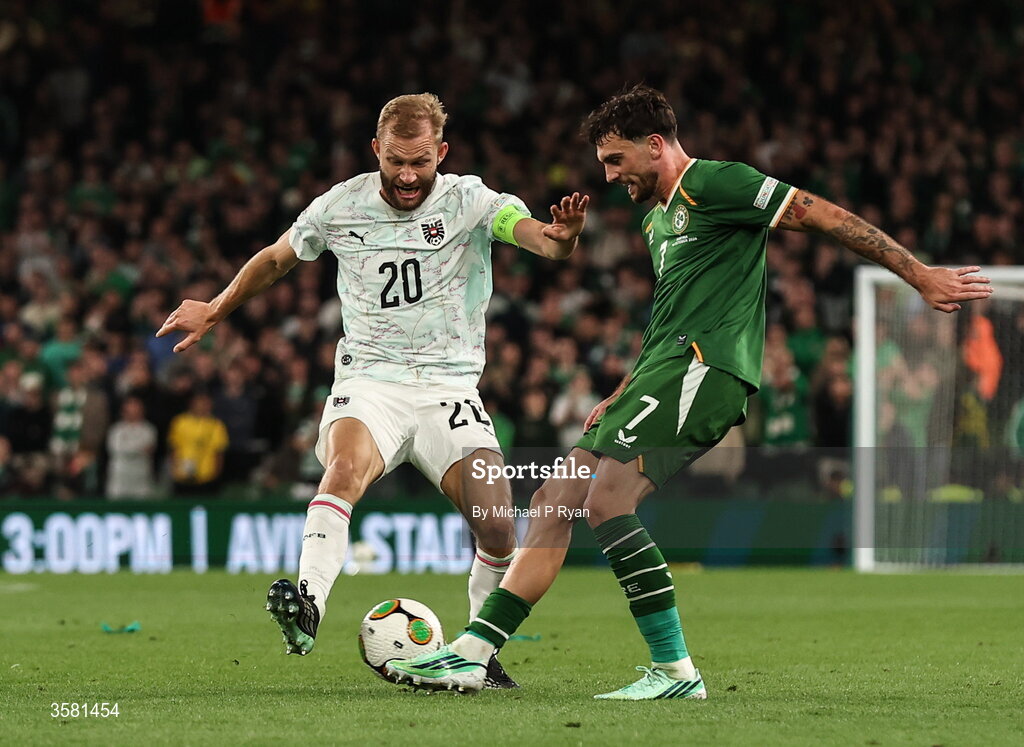 1 October 2026; Troy Parrott of Republic of Ireland in action against Konrad Laimer of Austria during the UEFA Nations League B match between the Republic of Ireland and Austria at the Aviva Stadium in Dublin. Photo by Michael P Ryan/Sportsfile