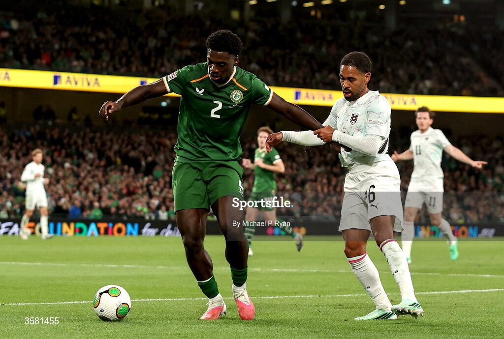 1 October 2026; James Abankwah of Republic of Ireland in action against Phillipp Mwene of Austria during the UEFA Nations League B match between the Republic of Ireland and Austria at the Aviva Stadium in Dublin. Photo by Michael P Ryan/Sportsfile