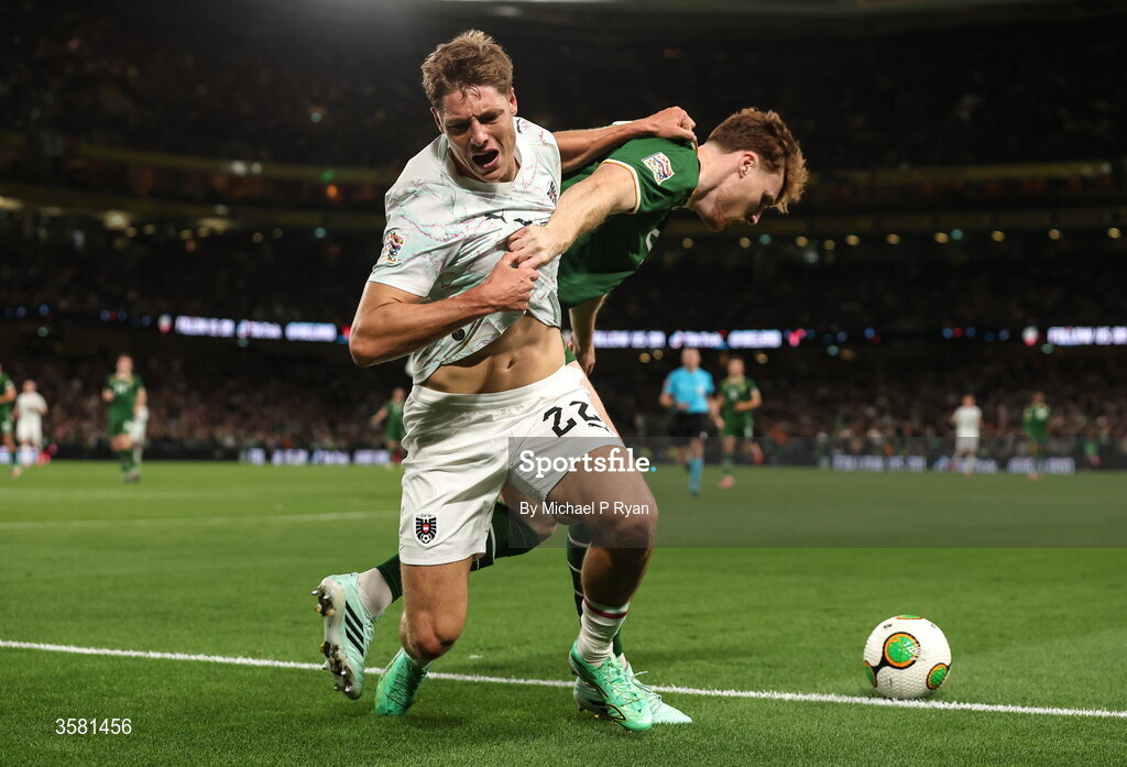 1 October 2026; Alexander Prass of Austria in action against Jake O'Brien of Republic of Ireland during the UEFA Nations League B match between the Republic of Ireland and Austria at the Aviva Stadium in Dublin. Photo by Michael P Ryan/Sportsfile