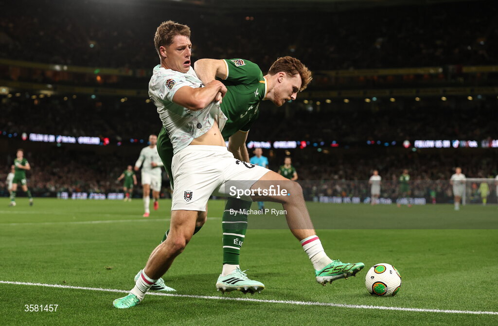 1 October 2026; Alexander Prass of Austria in action against Jake O'Brien of Republic of Ireland during the UEFA Nations League B match between the Republic of Ireland and Austria at the Aviva Stadium in Dublin. Photo by Michael P Ryan/Sportsfile
