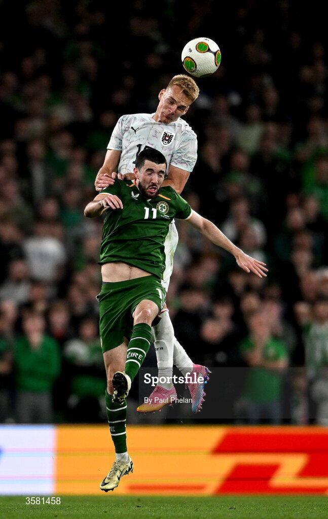 1 October 2026; Philipp Lienhart of Austria in action against Finn Azaz of Republic of Ireland during the UEFA Nations League B match between the Republic of Ireland and Austria at the Aviva Stadium in Dublin. Photo by Paul Phelan/Sportsfile