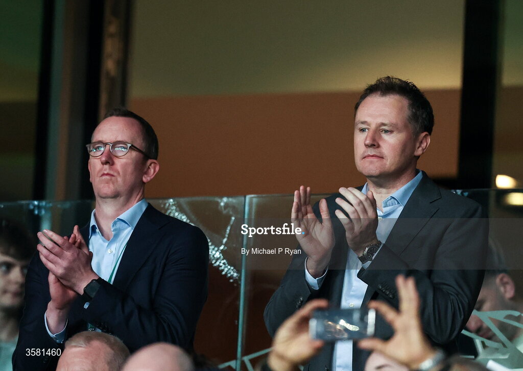 1 October 2026; Minister of State at the Department of Culture, Communications and Sport Charlie McConalogue, right with FAI chief executive officer David Courell before UEFA Nations League B match between the Republic of Ireland and Austria at the Aviva Stadium in Dublin. Photo by Michael P Ryan/Sportsfile