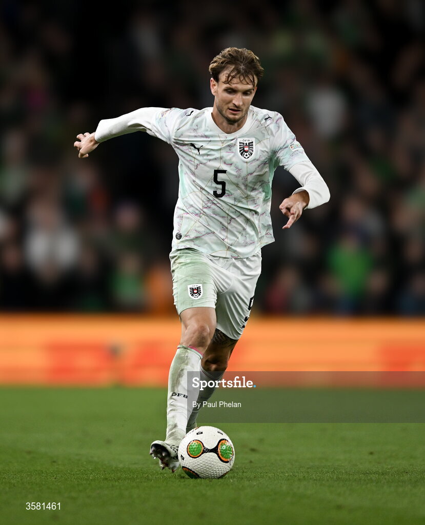 1 October 2026; Stefan Posch of Austria during the UEFA Nations League B match between the Republic of Ireland and Austria at the Aviva Stadium in Dublin. Photo by Paul Phelan/Sportsfile