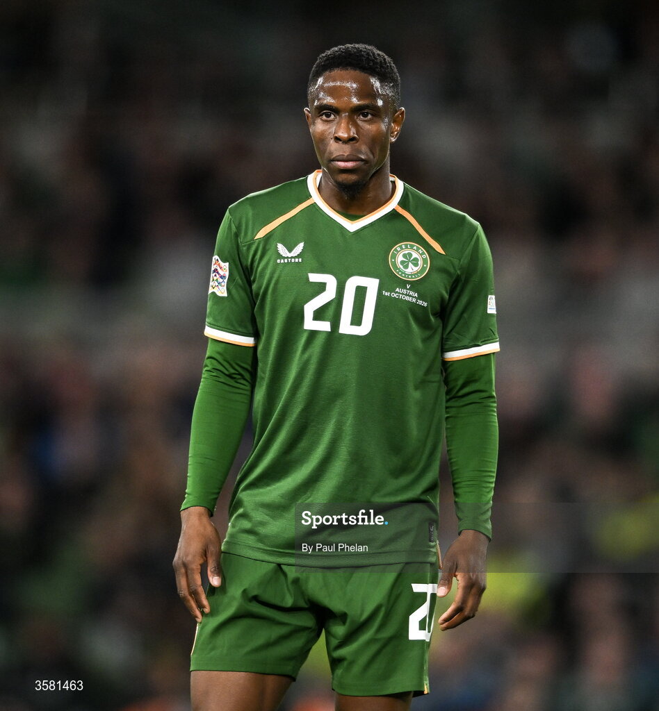 1 October 2026; Chiedozie Ogbene of Republic of Ireland during the UEFA Nations League B match between the Republic of Ireland and Austria at the Aviva Stadium in Dublin. Photo by Paul Phelan/Sportsfile