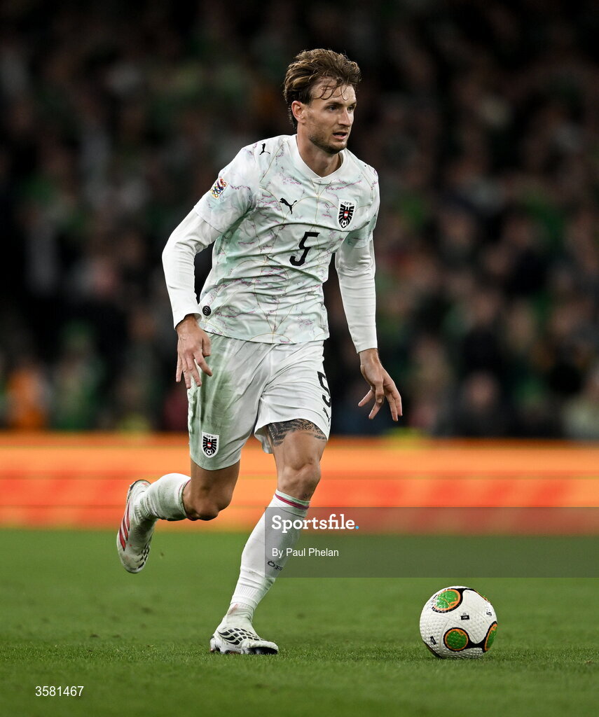 1 October 2026; Stefan Posch of Austria during the UEFA Nations League B match between the Republic of Ireland and Austria at the Aviva Stadium in Dublin. Photo by Paul Phelan/Sportsfile