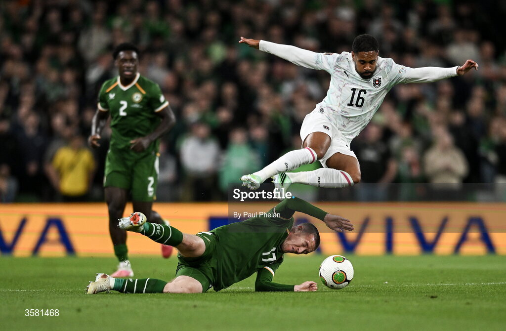 1 October 2026; Jack Moylan of Republic of Ireland in action against Phillipp Mwene of Austria during the UEFA Nations League B match between the Republic of Ireland and Austria at the Aviva Stadium in Dublin. Photo by Paul Phelan/Sportsfile