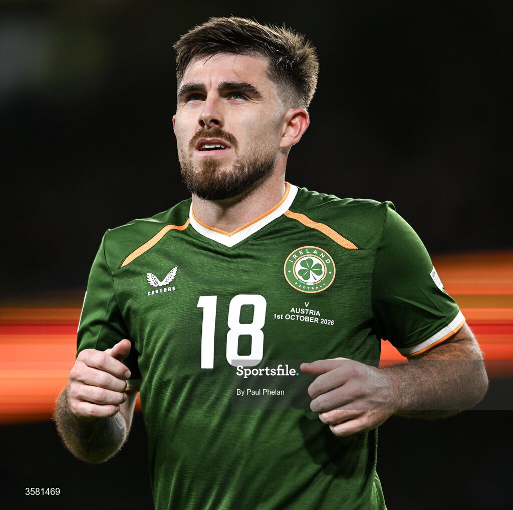 1 October 2026; Ryan Manning of Republic of Ireland during the UEFA Nations League B match between the Republic of Ireland and Austria at the Aviva Stadium in Dublin. Photo by Paul Phelan/Sportsfile