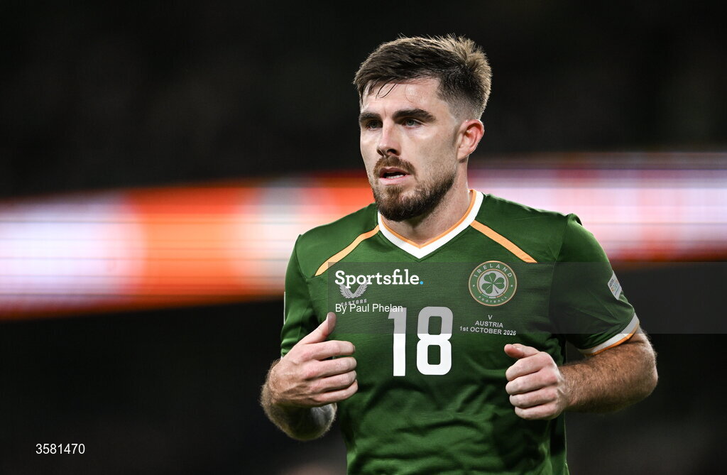 1 October 2026; Ryan Manning of Republic of Ireland during the UEFA Nations League B match between the Republic of Ireland and Austria at the Aviva Stadium in Dublin. Photo by Paul Phelan/Sportsfile