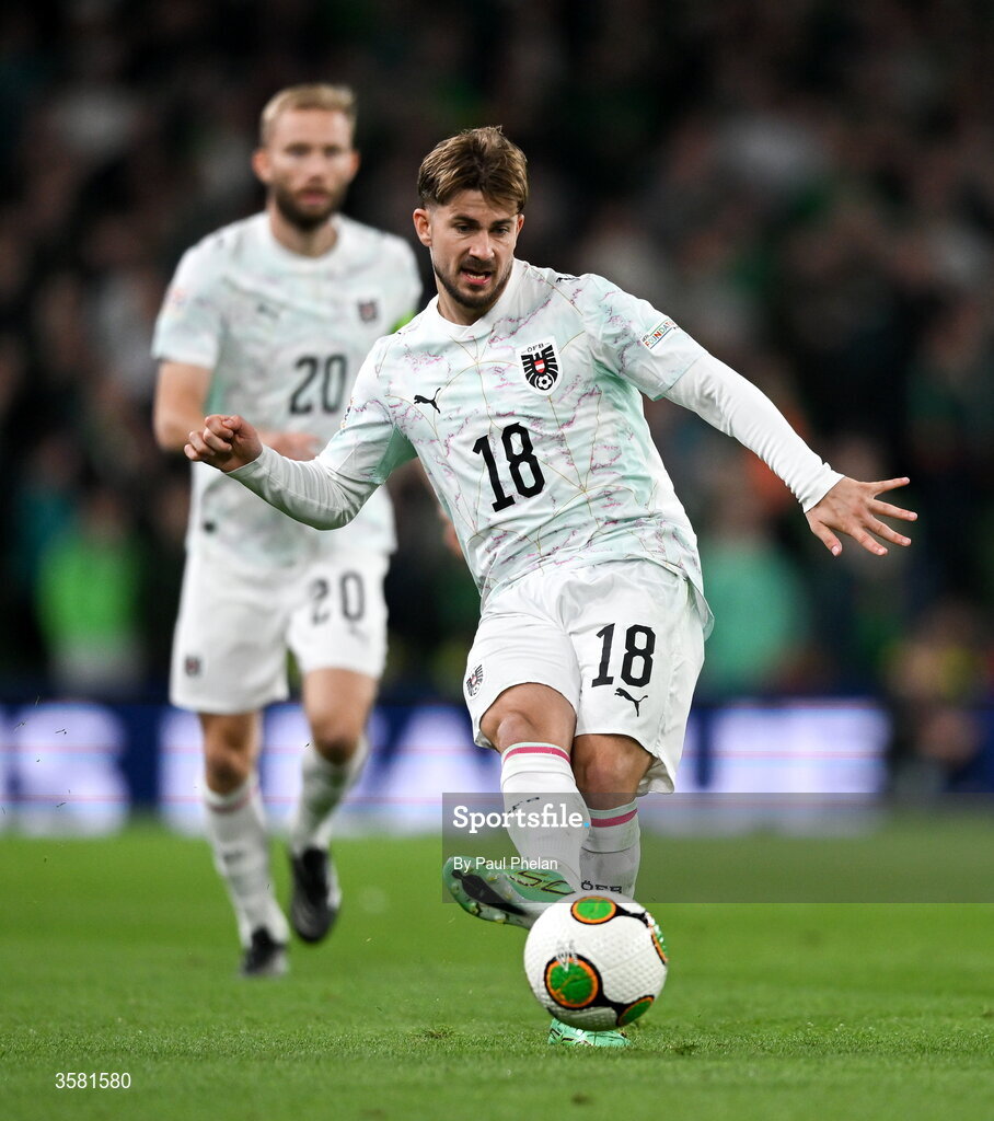 1 October 2026; Romano Schmid of Austria during the UEFA Nations League B match between the Republic of Ireland and Austria at the Aviva Stadium in Dublin. Photo by Paul Phelan/Sportsfile