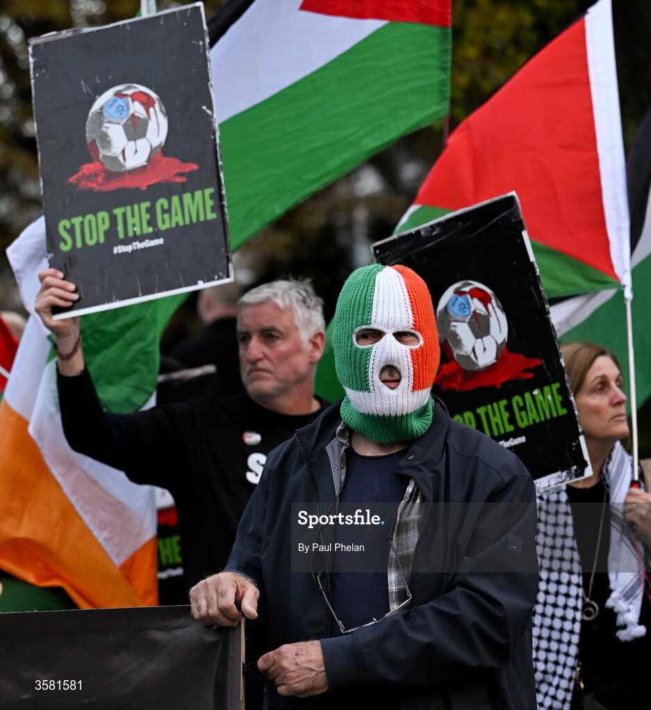 1 October 2026; Protesters outside of the stadium before the UEFA Nations League B match between the Republic of Ireland and Austria at the Aviva Stadium in Dublin. Photo by Paul Phelan/Sportsfile