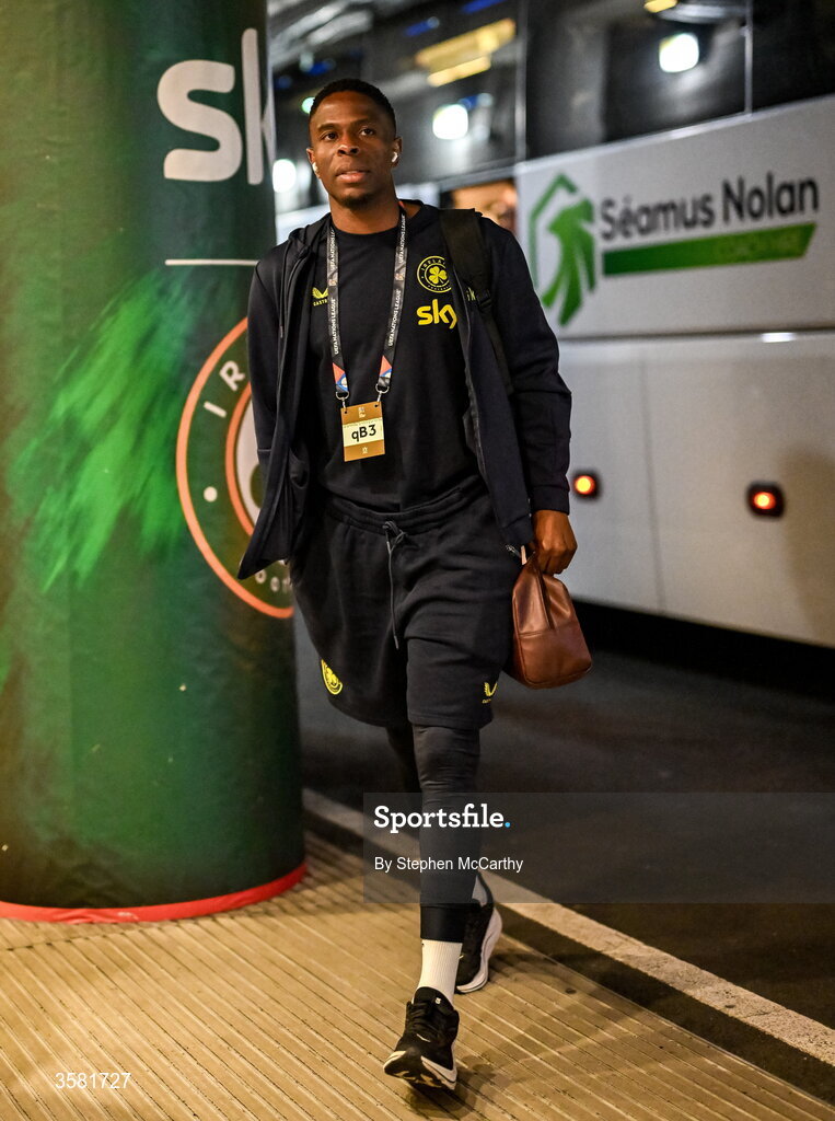1 October 2026; Chiedozie Ogbene of Republic of Ireland arrives for the UEFA Nations League B match between the Republic of Ireland and Austria at the Aviva Stadium in Dublin. Photo by Stephen McCarthy/Sportsfile