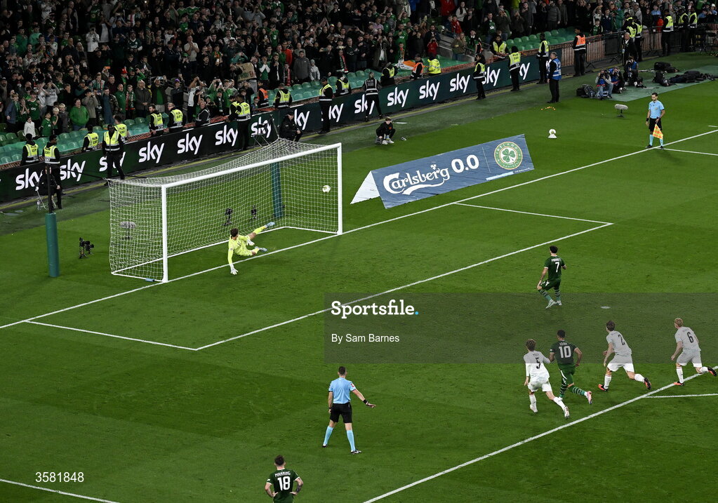 1 October 2026; Troy Parrott of Republic of Ireland scores his side's second goal, a penalty, during the UEFA Nations League B match between the Republic of Ireland and Austria at the Aviva Stadium in Dublin. Photo by Sam Barnes/Sportsfile