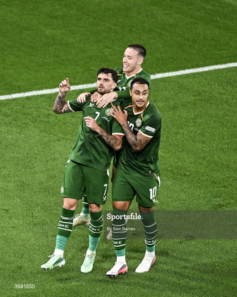 1 October 2026; Troy Parrott of Republic of Ireland, left, celebrates with teammates Jack Moylan and Adam Idah after scoring their side's second goal during the UEFA Nations League B match between the Republic of Ireland and Austria at the Aviva Stadium in Dublin. Photo by Sam Barnes/Sportsfile