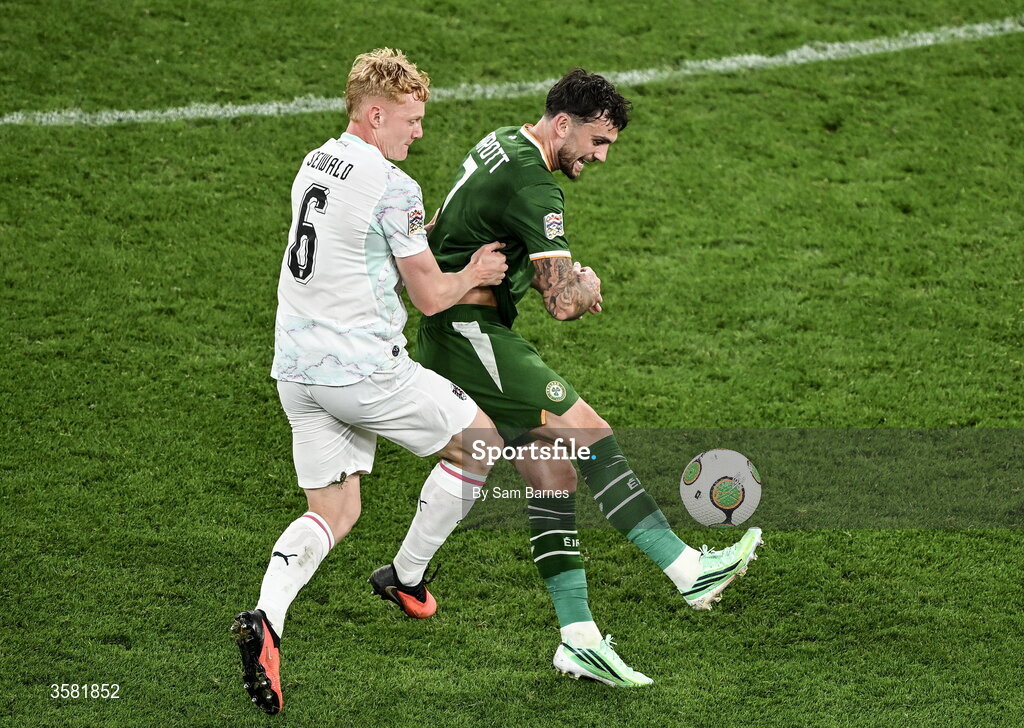 1 October 2026; Troy Parrott of Republic of Ireland in action against Nicolas Seiwald of Austria during the UEFA Nations League B match between the Republic of Ireland and Austria at the Aviva Stadium in Dublin. Photo by Sam Barnes/Sportsfile