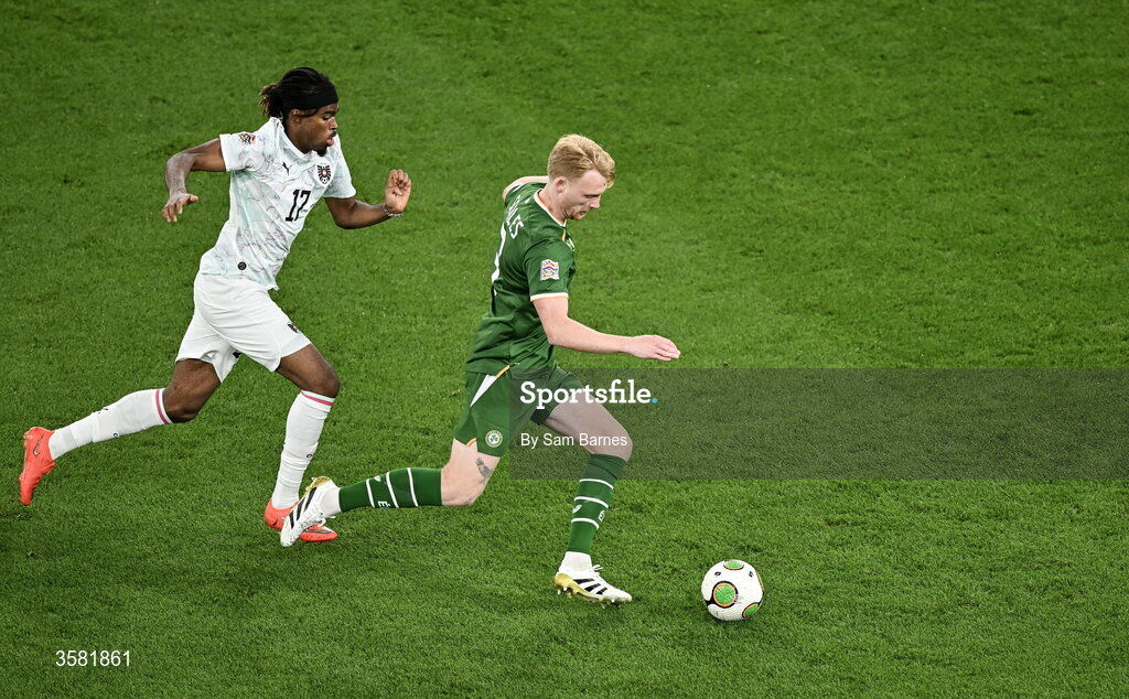 1 October 2026; Liam Scales of Republic of Ireland in action against Carney Chukwuemeka of Austria during the UEFA Nations League B match between the Republic of Ireland and Austria at the Aviva Stadium in Dublin. Photo by Sam Barnes/Sportsfile