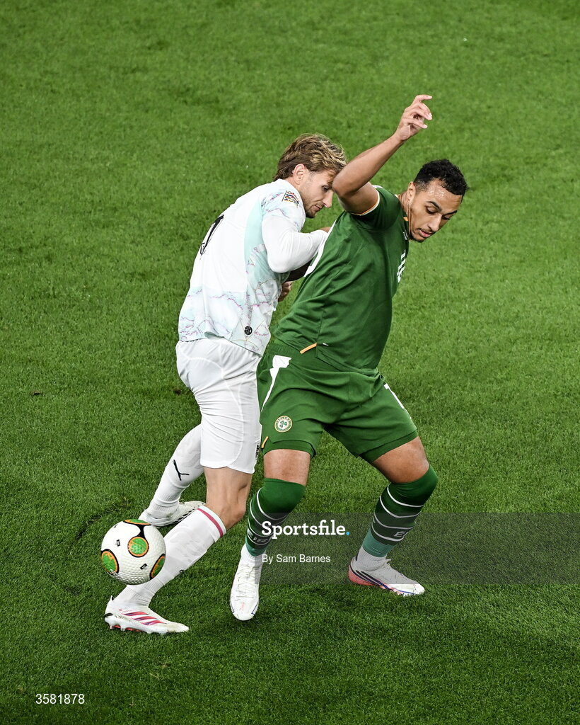 1 October 2026; Adam Idah of Republic of Ireland in action against Stefan Posch of Austria during the UEFA Nations League B match between the Republic of Ireland and Austria at the Aviva Stadium in Dublin. Photo by Sam Barnes/Sportsfile