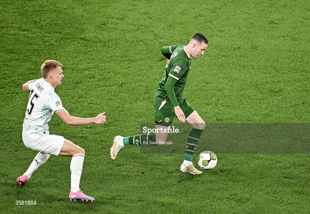 1 October 2026; Jack Moylan of Republic of Ireland in action against Philipp Lienhart of Austria during the UEFA Nations League B match between the Republic of Ireland and Austria at the Aviva Stadium in Dublin. Photo by Sam Barnes/Sportsfile