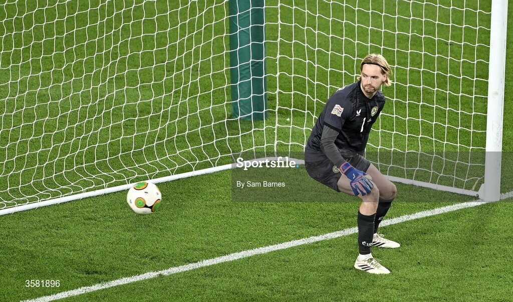 1 October 2026; Republic of Ireland goalkeeper Caoimhín Kelleher fails to save the freekick of Michael Gregoritsch of Austria, not pictured, during the UEFA Nations League B match between the Republic of Ireland and Austria at the Aviva Stadium in Dublin. Photo by Sam Barnes/Sportsfile