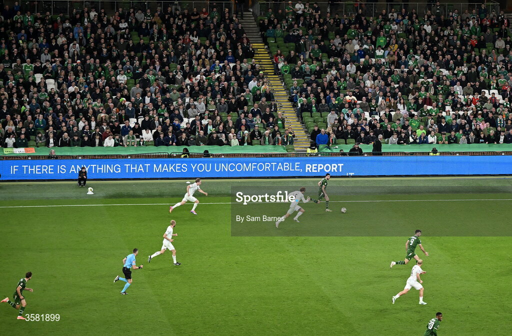 1 October 2026; Finn Azaz of Republic of Ireland on the ball during the UEFA Nations League B match between the Republic of Ireland and Austria at the Aviva Stadium in Dublin. Photo by Sam Barnes/Sportsfile