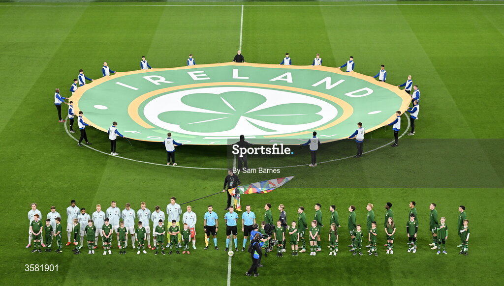 1 October 2026; Players from both sides stand for Amhrán na bhFiann before the UEFA Nations League B match between the Republic of Ireland and Austria at the Aviva Stadium in Dublin. Photo by Sam Barnes/Sportsfile